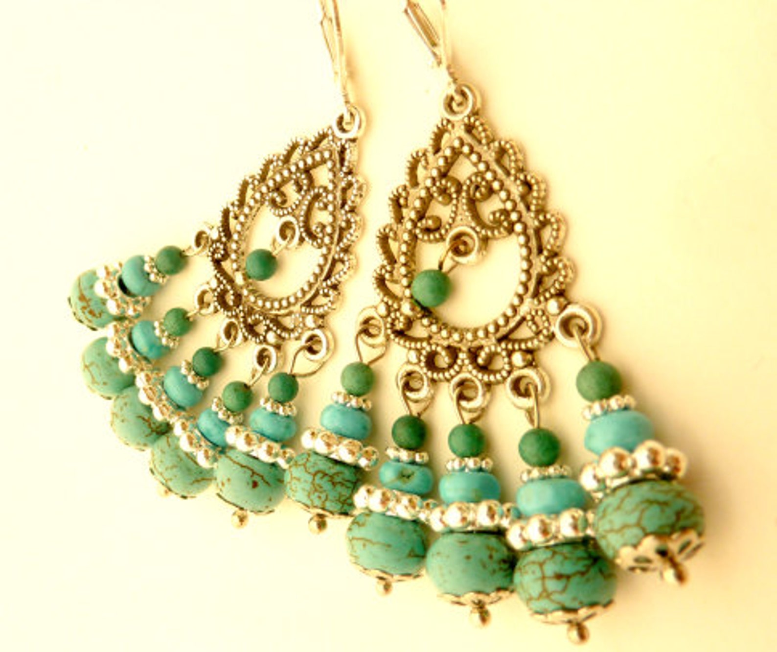 Chandelier Earrings Turquoise Blue Silver Filigree Dangle Etsy