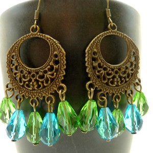 Chandelier earrings blue and green drop crystal dangle brass filigree vintage style image 2