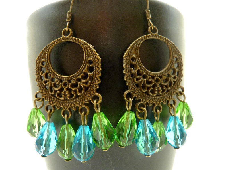 Chandelier earrings blue and green drop crystal dangle brass filigree vintage style image 2