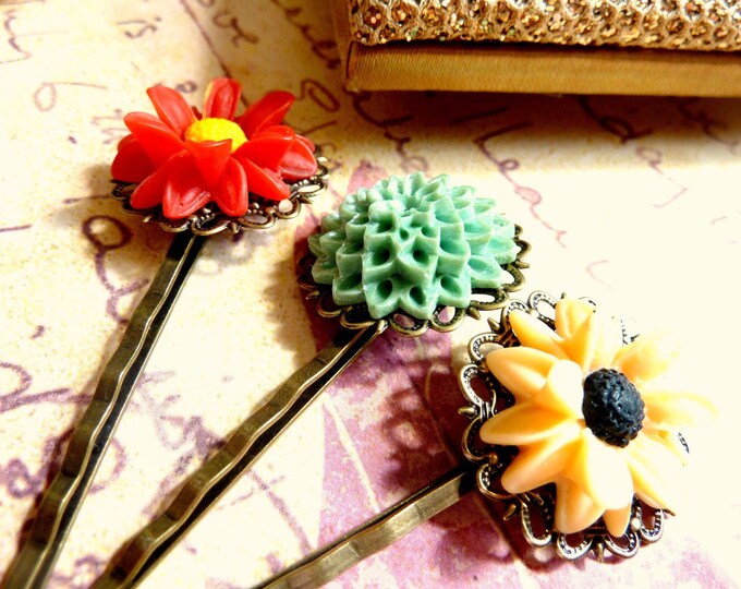 Red Green Yellow Hair Pins Vintage Flower Bobby Pins Etsy