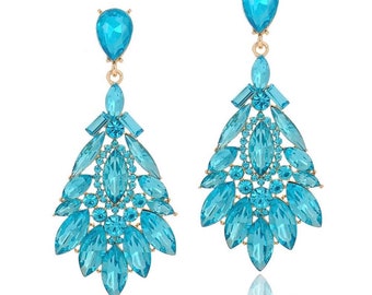 Aqua Blue Earrings aquamarine Chandelier Sky Blue Something Blue for Wedding prom pageant Bridal Jewelry blue rhinestone Crystal drops AAE
