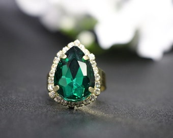 Emerald Ring Emerald green adjustable ring May birthstone Taurus Dark Green ring CZ rhinestone silver gold color wedding prom pageant ring