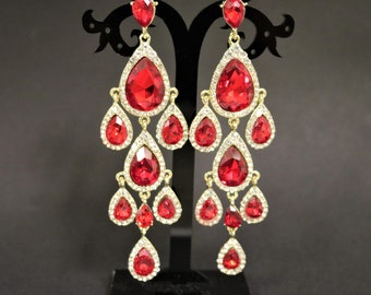 Red Chandelier earrings Ruby Red Earrings Drops Gold earrings Rhinestone Bridal Teardrop Red Crystal Pageant Prom Award Earrings AAD