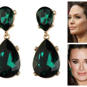 Emerald Earrings Posts Green Angelina Jolie Kyle Richards LARGE Emerald green Teardrop Drop Estate Style Earrings image 1