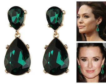 Emerald Earrings Posts Green Angelina Jolie Kyle Richards LARGE Emerald green Teardrop Drop Estate Style Earrings