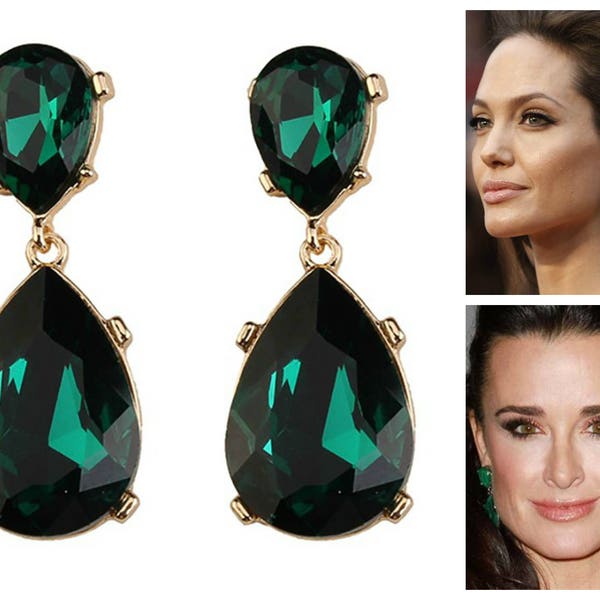 Emerald Earrings Posts Green Angelina Jolie Kyle Richards LARGE Emerald green Teardrop Drop Estate Style Earrings