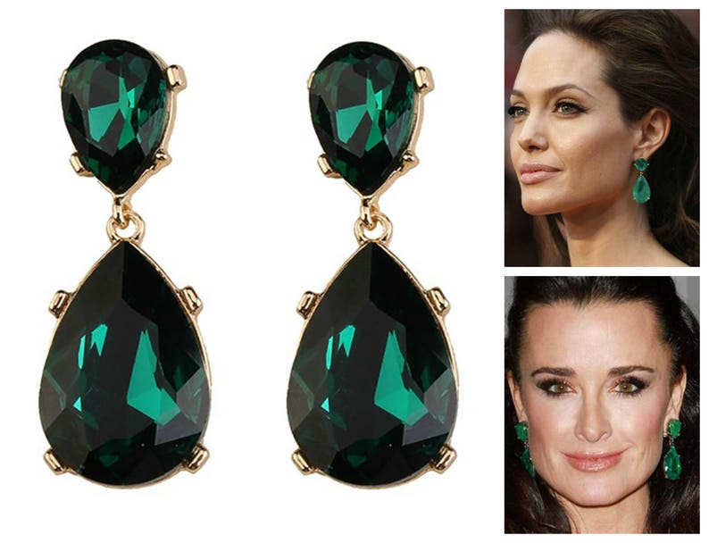 Emerald Earrings Posts Green Angelina Jolie Kyle Richards LARGE Emerald green Teardrop Drop Estate Style Earrings image 1