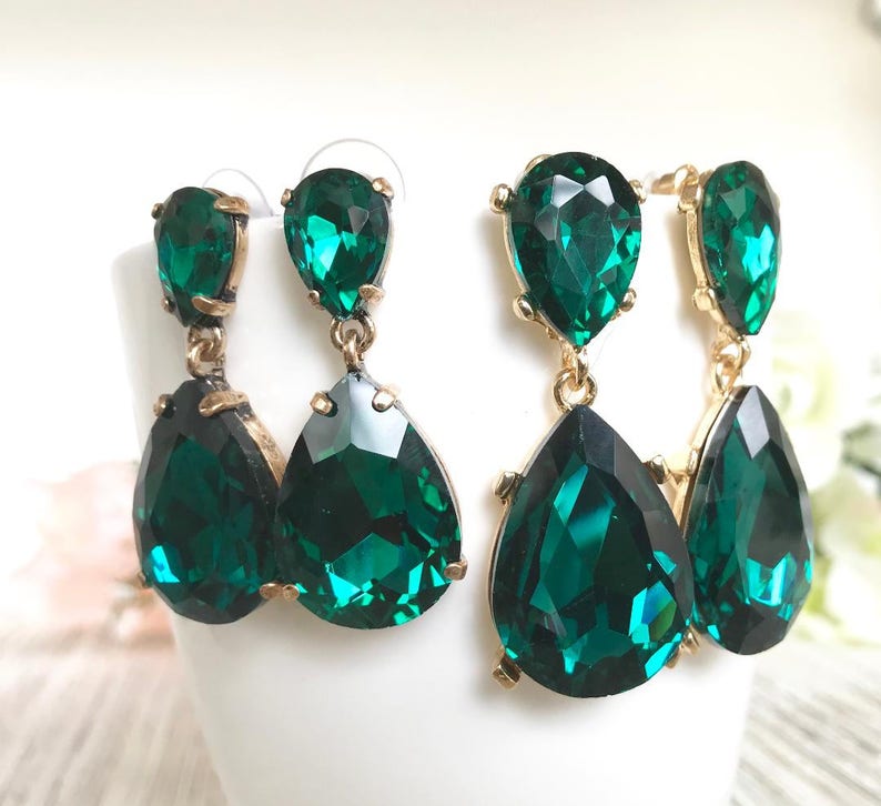 Emerald Earrings Posts Green Angelina Jolie Kyle Richards LARGE Emerald green Teardrop Drop Estate Style Earrings image 5