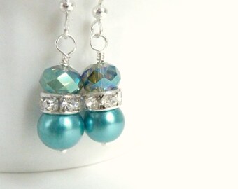 Bridesmaids earrings teal blue pearl earrings silver and teal crystal dangle drops