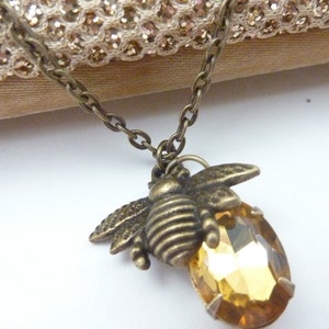 Bee Necklace Amber Necklace Honey Bee Necklace Vintage Rhinestone Estate Style jewelry image 1