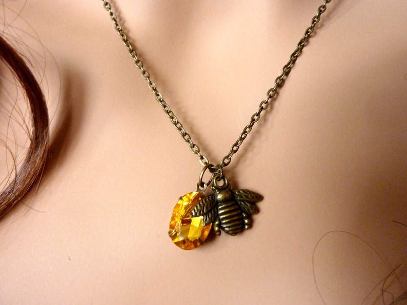 Bee Necklace Amber Necklace Honey Bee Necklace Vintage Rhinestone Estate Style jewelry image 2