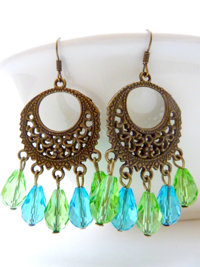 Chandelier earrings blue and green drop crystal dangle brass filigree vintage style image 1