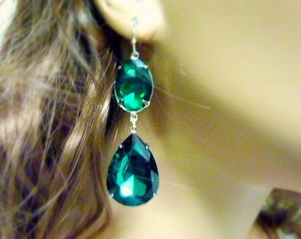 Emerald Earrings Angelina Jolie Kyle Richards LARGE Emerald green Teardrop Drop Estate Style Earrings