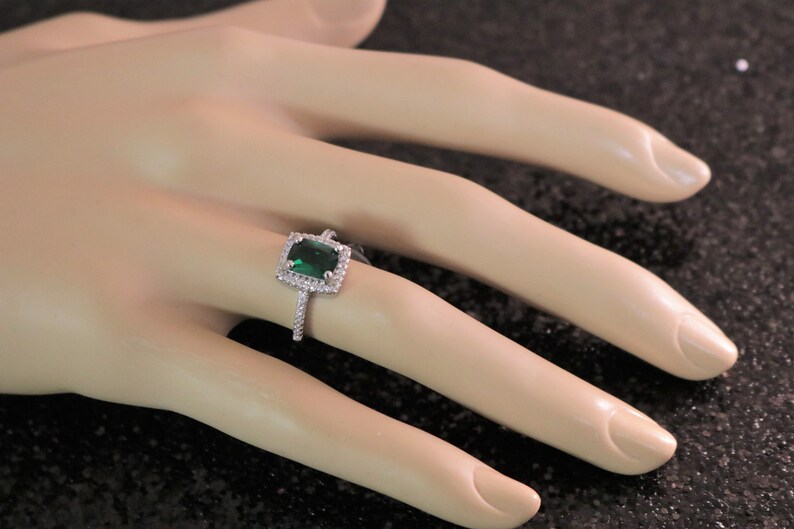 Emerald Green ring Emerald ring Dark Green ring CZ ring rhinestone silver color wedding prom pageant ring image 2