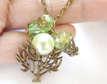 Tree Charm Necklace Vintage nature pendant chain green drop crystal pearl