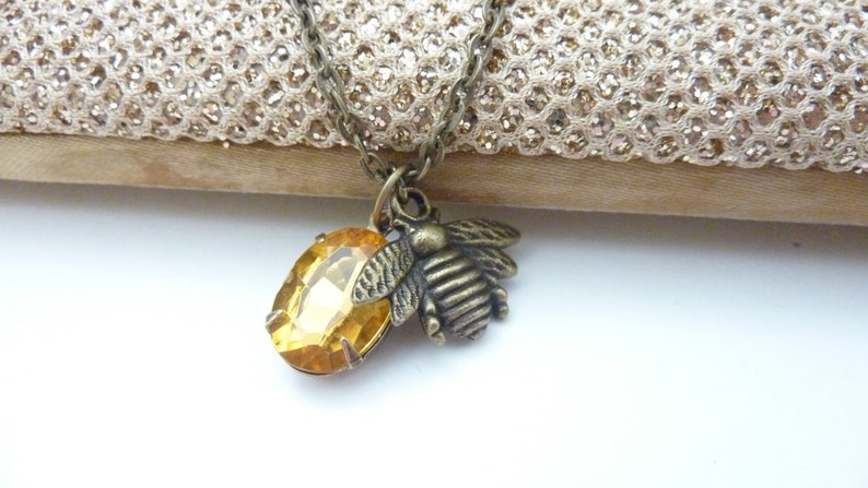 Bee Necklace Amber Necklace Honey Bee Necklace Vintage Rhinestone Estate Style jewelry image 3