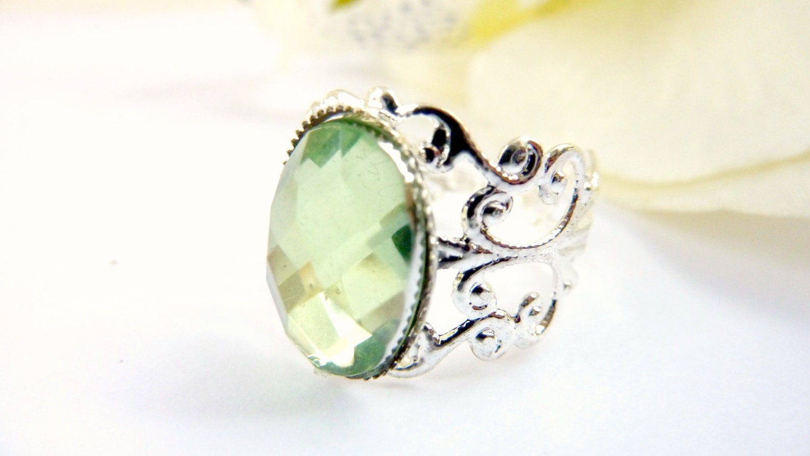 Mint Green Ring Light Green Ring Rhinestone Silver Filigree Etsy