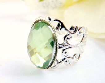 Mint green ring light green ring rhinestone silver filigree adjustable ring