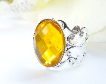 Honey yellow gold ring Vintage silver filigree adjustable ring