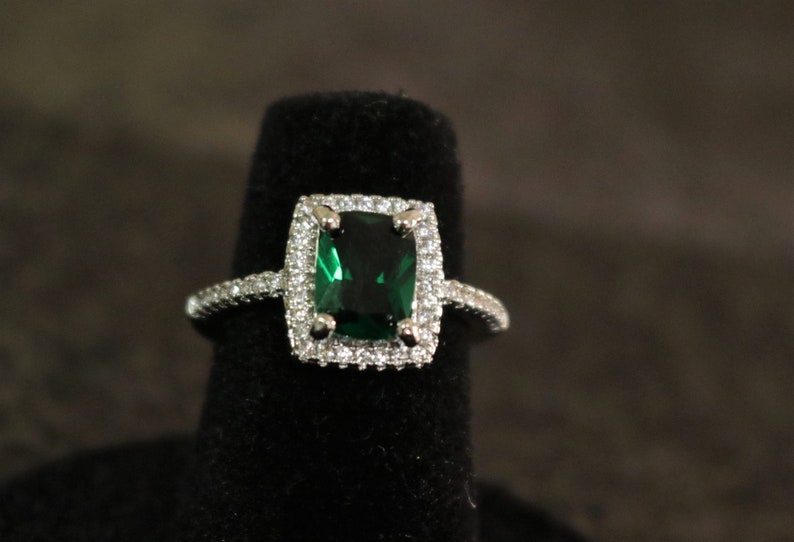 Emerald Green ring Emerald ring Dark Green ring CZ ring rhinestone silver color wedding prom pageant ring image 3