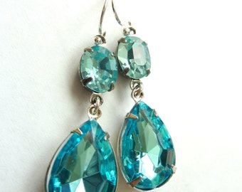 Aquamarine Earrings Aqua Blue Teardrop Drop March birthstone Vintage Estate Style Earrings