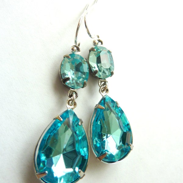 Aquamarine Earrings Aqua Blue Teardrop Drop March birthstone Vintage Estate Style Earrings