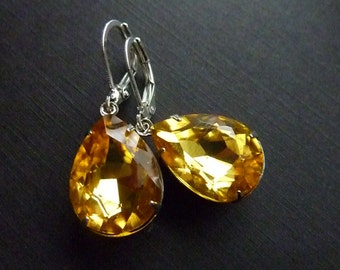 Yellow Topaz Earrings Golden Yellow Earrings Teardrop Drop Crystal Estate Style Earrings November birthstone