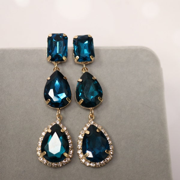 Teal Blue Earrings Peacock Blue Zircon Drops Indicolite Posts Teardrop December Birthstone Drop Rhinestones Prom Pageant Wedding Bridal