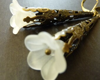 Flower earrings white lucite flower brass vintage style earrings