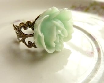 Mint Green ring FLOWER RING rose adjustable filigree vintage base