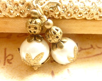 Bridesmaids earrings ivory white pearl earrings vintage brass filigree