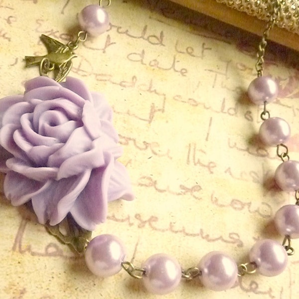 Flower necklace lilac purple necklace Vintage glass pearls and lilac rose
