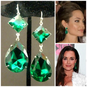 Emerald Earrings Angelina Jolie Kyle Richards LARGE Emerald green Teardrop Drop Estate Style Earrings