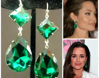 Emerald Earrings Angelina Jolie Kyle Richards LARGE Emerald green Teardrop Drop Estate Style Earrings