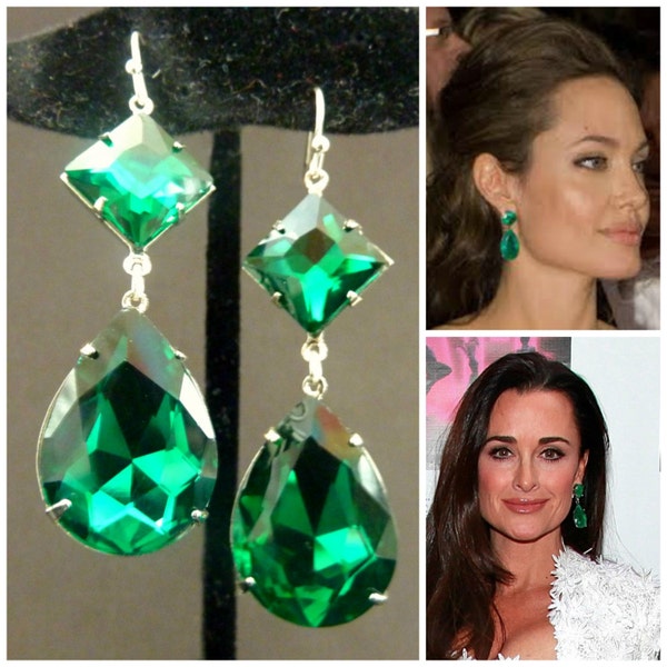Emerald Earrings Angelina Jolie Kyle Richards LARGE Emerald green Teardrop Drop Estate Style Earrings