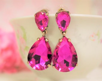 Hot Pink Earrings Posts Fuchsia Earrings Teardrop Clip Ons Drop October birthstone Pageant Prom Wedding Bridal Ballroom Dancing Earrings