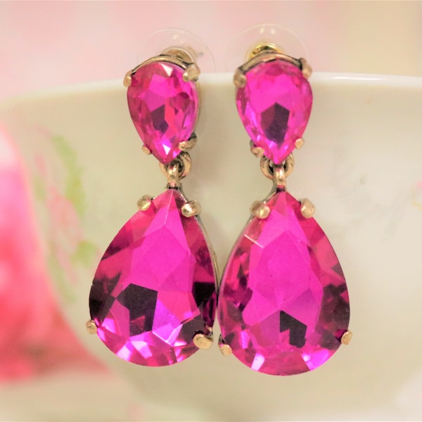 Hot Pink Earrings Posts Fuchsia Earrings Teardrop Clip Ons Drop October birthstone Pageant Prom Wedding Bridal Ballroom Dancing Earrings