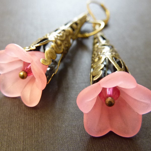 Flower earrings pale pink lucite rose brass estate style earrings