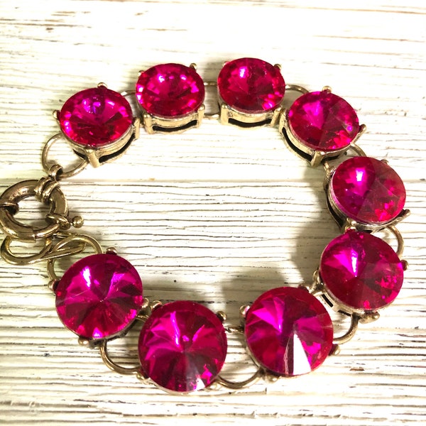 Hot Pink Bracelet Fuchsia silver Pink bracelet gold, Round adjustable bracelet Wedding Prom Pageant Crystal Vintage Style