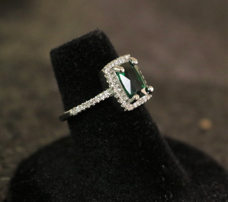 Emerald Green ring Emerald ring Dark Green ring CZ ring rhinestone silver color wedding prom pageant ring image 6