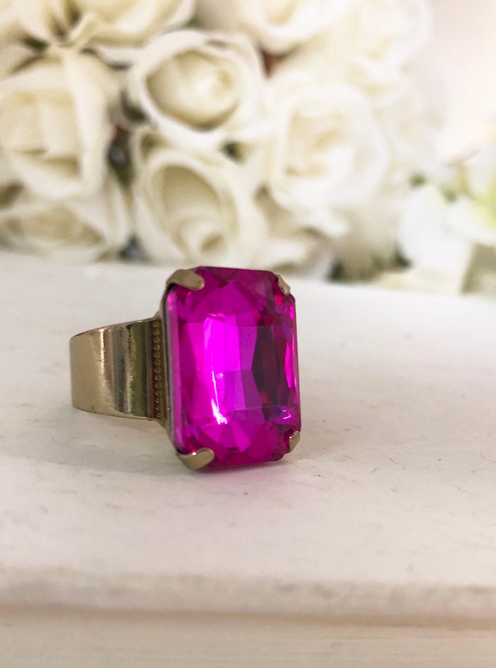 Hot Pink Ring Fuchsia Ring Rhinestone Octagon Pink Cocktail Etsy