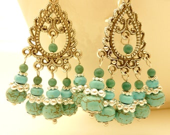 Chandelier earrings turquoise blue silver filigree dangle vintage style