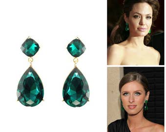 Emerald Post Earrings Angelina Jolie Emerald Green Stud Inspired Style Teardrop Drop Estate Style Earrings