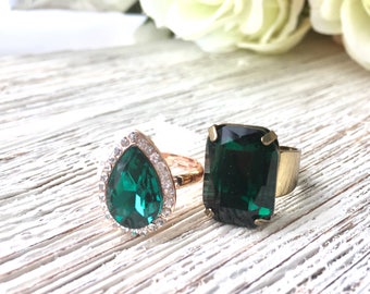 Emerald green ring deep green ring rhinestone gold and rose gold adjustable ring