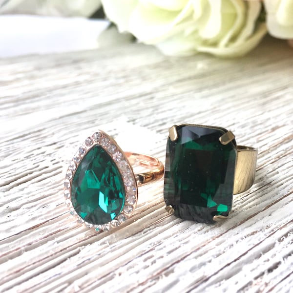 Emerald green ring deep green ring rhinestone gold and rose gold adjustable ring