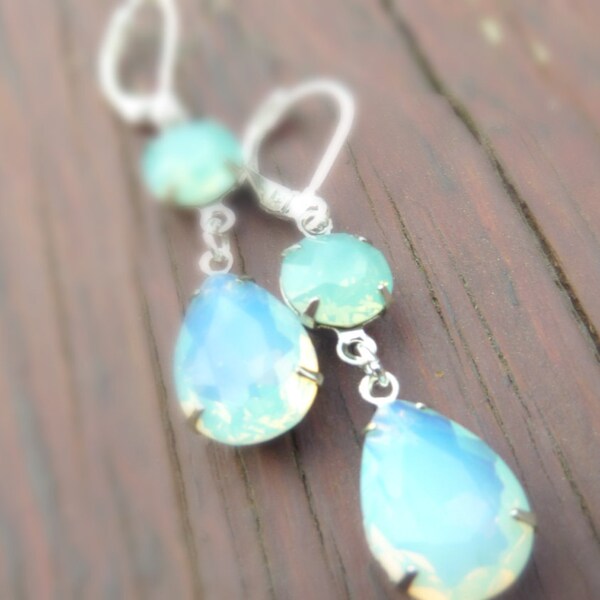 Mint green Earrings Pacific Opal Aqua blue Genuine Austrian Earrings Teardrop Drop Vintage Estate Style Dangles