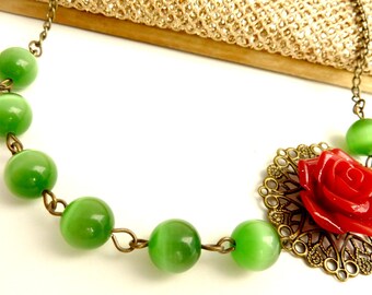 Flower necklace green cats eyes red rose Christmas on brass filigree bib asymmetric