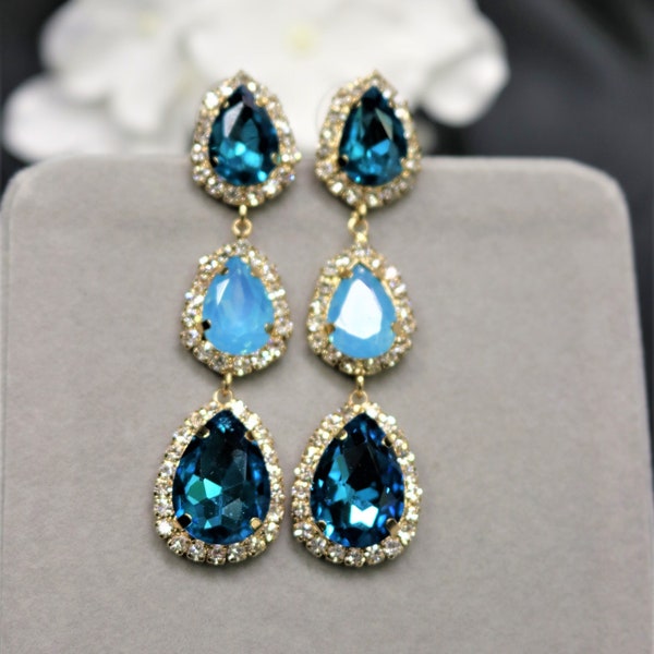 Teal Blue Earrings Posts Peacock Blue Zircon Teardrop Drops Rhinestone Indicolite Prom Pageant Wedding Bridal Bridesmaid December Birthstone