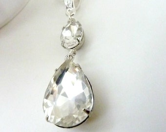 Clear Crystal Necklace, Teardrop Cubic Zirconia Rhinestone Vintage Jewel Estate Style Necklace