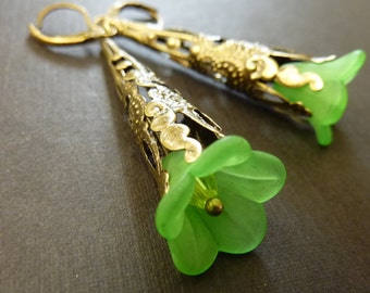 Flower earrings green flower earrings dangle vintage brass filigree estate style